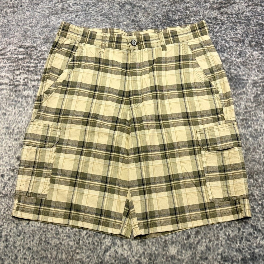 Basic Editions Plaid Cargo Shorts Mens 34 Khaki Brown Baggy Skater Grunge Y2K